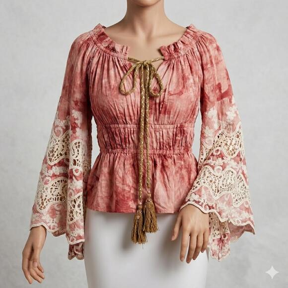 Venus Tops - Venus Boho Tie Dye Lace Bell Sleeve Peasant Top Rose Pink Smocked Waist Small 4